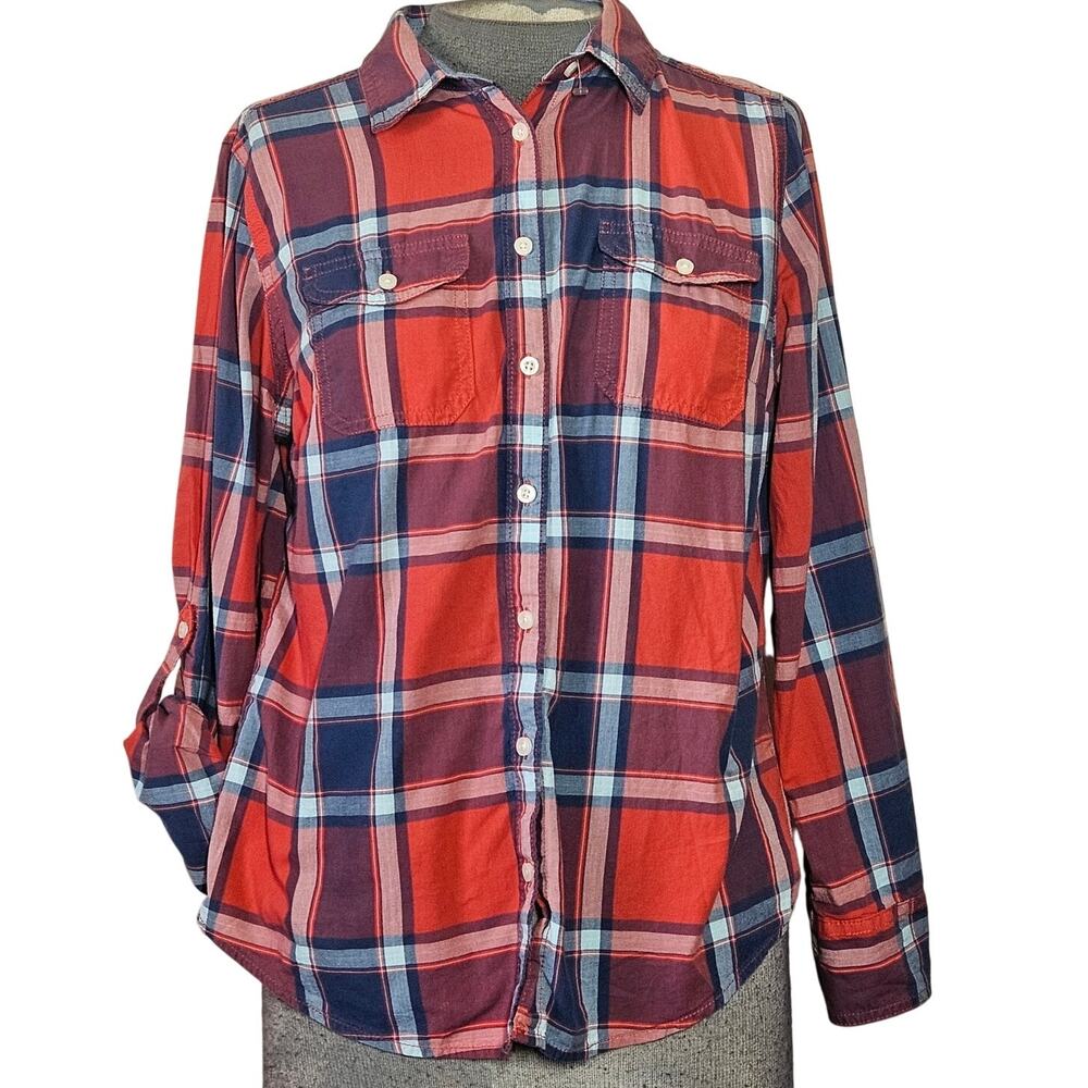 Plaid Roll Tab Sleeve Cotton Button Down Top Size Small Petite